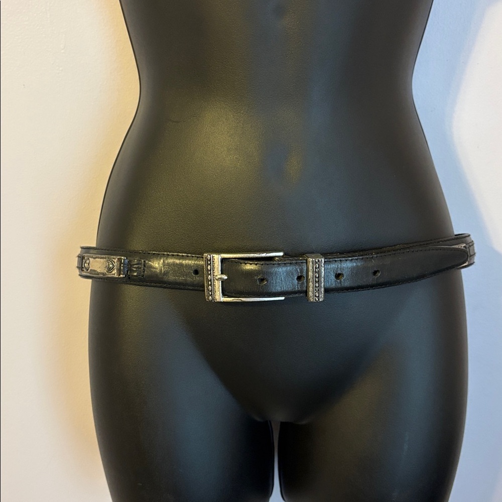 Brighton Pewter Silver Metal Plaque Black Leather Belt size M/L
